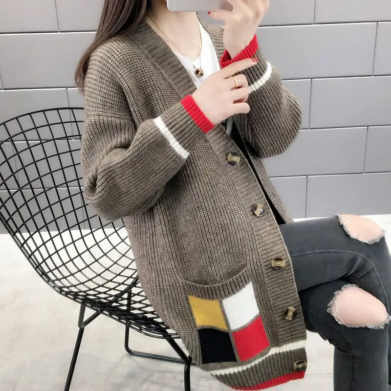 Autumn Winter New Fashion V-neck Long Sleeve Patchwork Printing Women\'s Clothing Cardigan Casual All-match Button Korean Tops