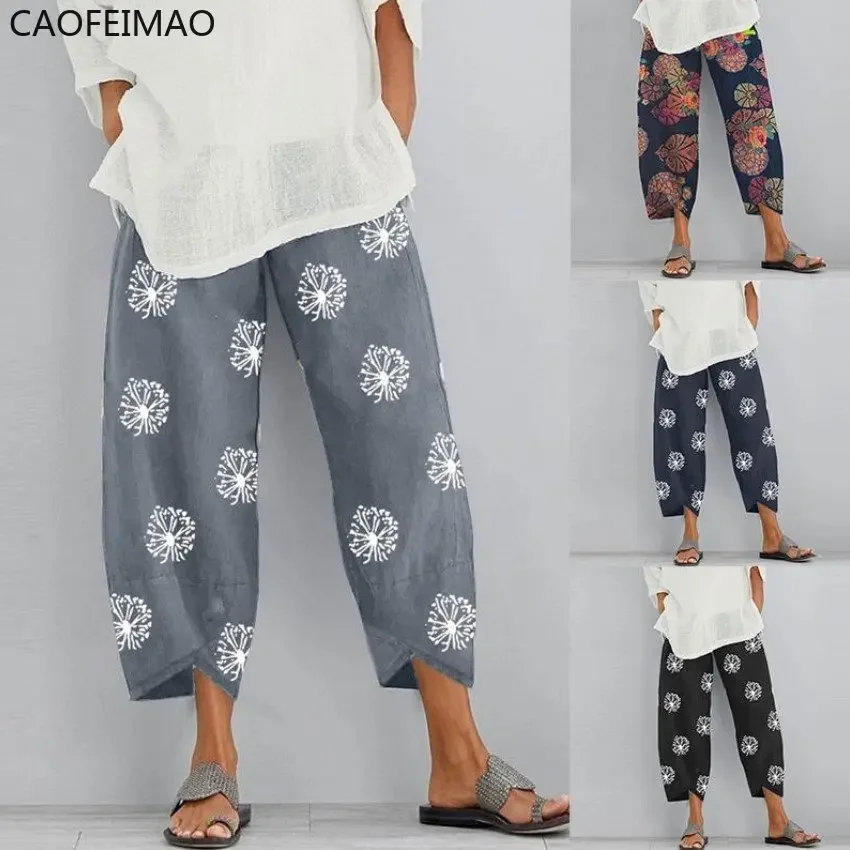 Cotton Linen Harem Pants Women Vintage Elastic Waist Wide Leg Trousers Female Casual Harajuku Pockets Loose Yoga Pants Pantalon