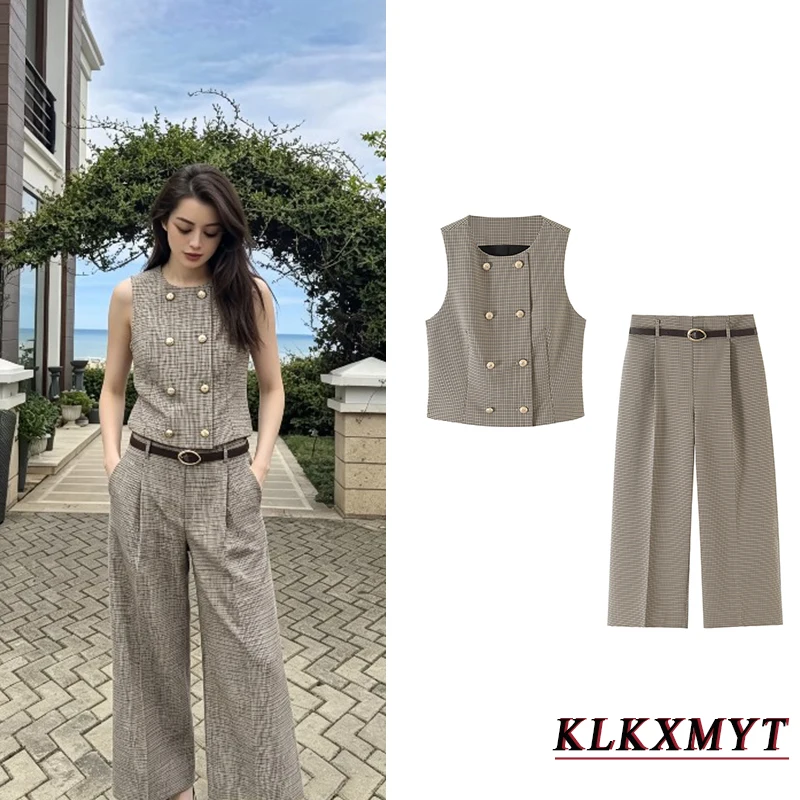Women Fashion Plaid Sets Sexy O-Neck Double-Breasted Sleeveless Vest+With Belt Wide-Leg Pants Summer Autumn Office New 2 Pieces