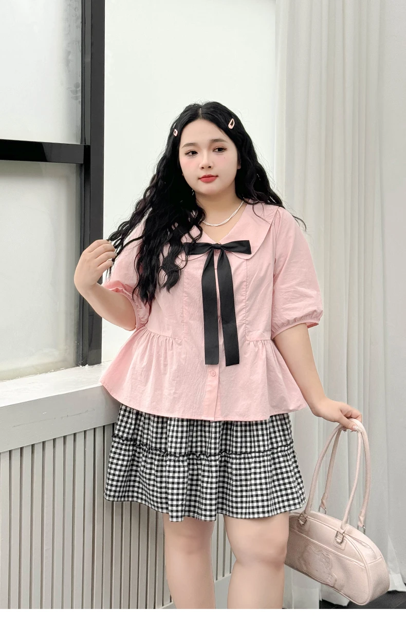 Large Size Sweet Bow Cute Peter Pan Collar College Pink Short Sleeve Shirt Girl 2025 Summer New Korean Age-reducing Lolita Top