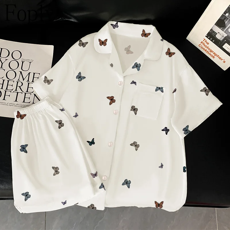 Women Pajamas Set White Butterfly Summer 2 Piece Pyjama Satin Silk Sleepwear Shortsleeve Top Shorts Pijama Pjs Loungewear