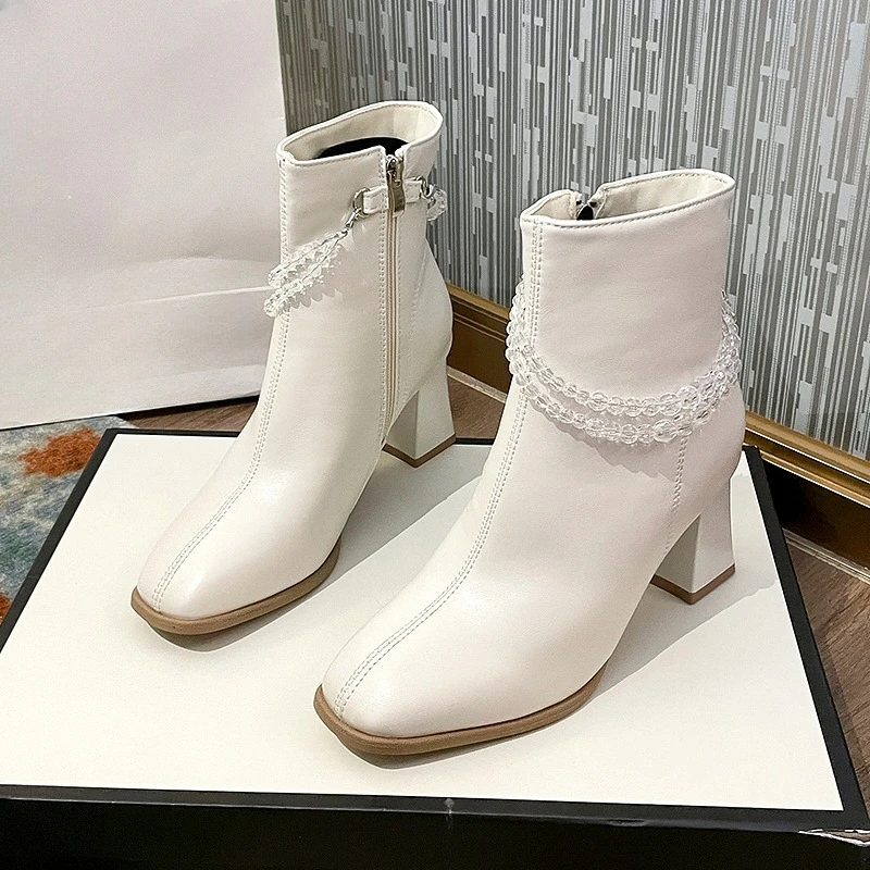 الجوارب البيضاء النساء كتلة كعب ساحة تو البيج نحيل الأحذية 2025 خريف جديد الفرنسية حذاء من الجلد عالية الكعب #5