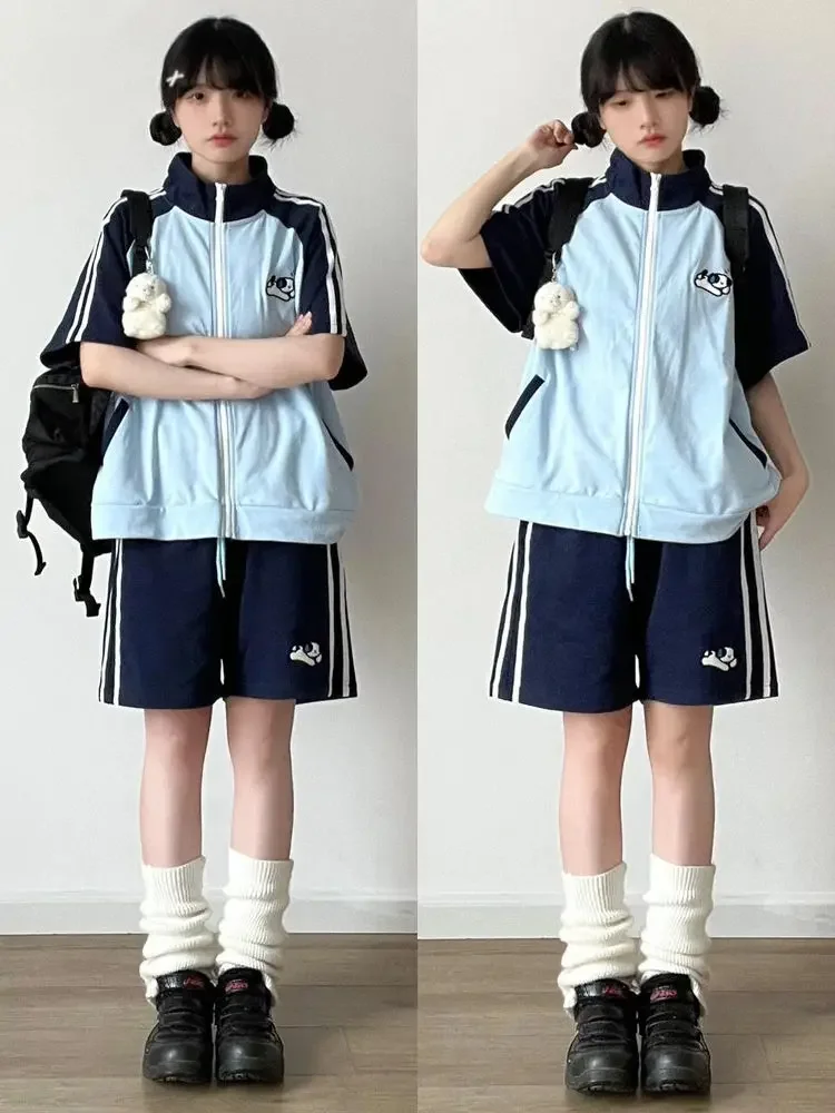 Preppy Style Sports Suit Loose Contrast Color Short Sleeved Zipper Top + Tie Up High Waisted Casual Shorts 2pcs Sets Y2k Suits - Image 2