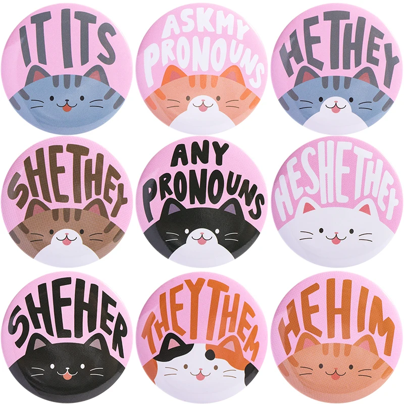 Cualquier pronómas Pin de hojalata gatos de dibujos animados ella ella él ellos ellos sus broches insignias lindo animal joyería regalo para amante amigo