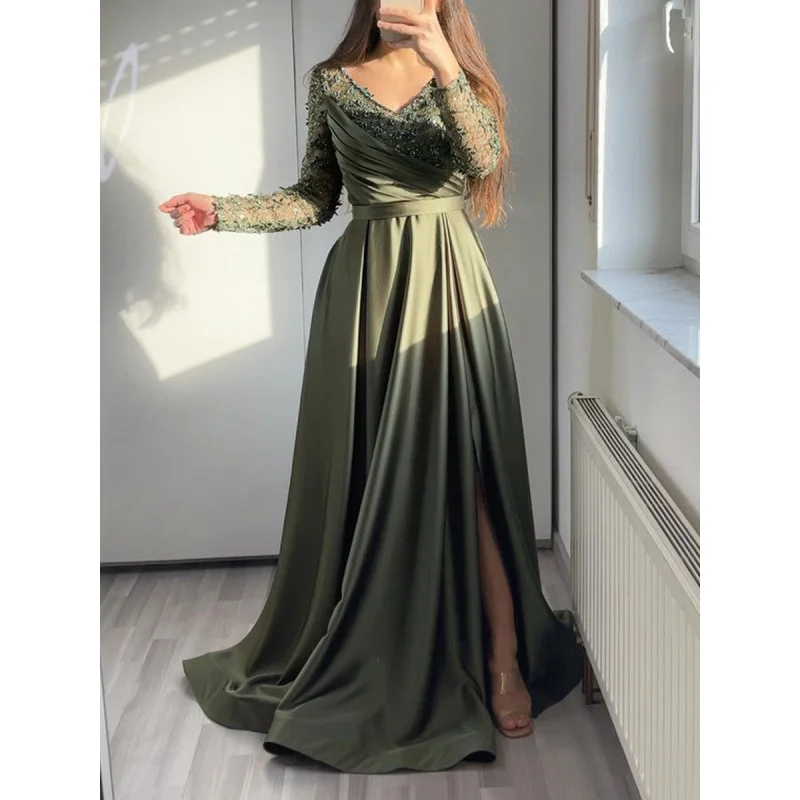Off-Shoulder Ruffle Red Black Green Mid-Waist Solid Color Elegant Lace Long Dress Evening Gown