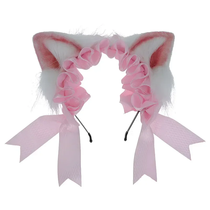 Beautiful Gothic Lolita Maid Women Girl's Ruffles Lace Headband Plush Cat Ears Pink Ribbon Cosplay Anime Animal Hair Accessories