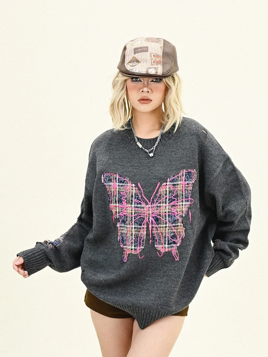Plaid Butterfly Crew Neck Sweater Women's 2024 Winter New Loose Bf American Lazy Wind Knitted Top image 4