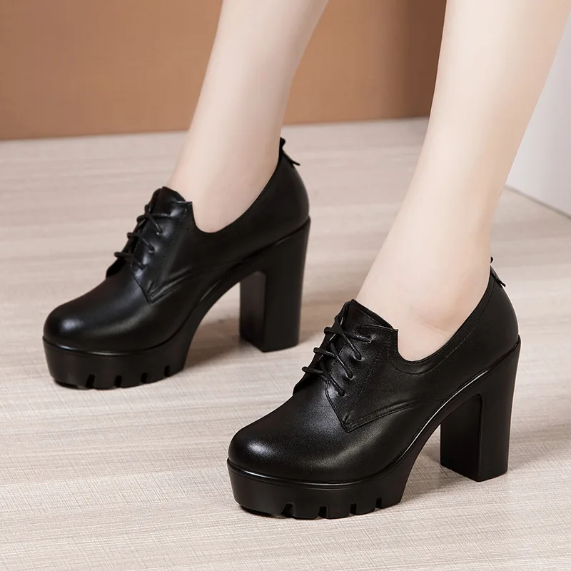 Women's High Heels Women 2023 Autumn New Deep Mouth Lace Up Thick Heel Platform Pumps Size 32-43 Ladie Office Shoes Women Boots
