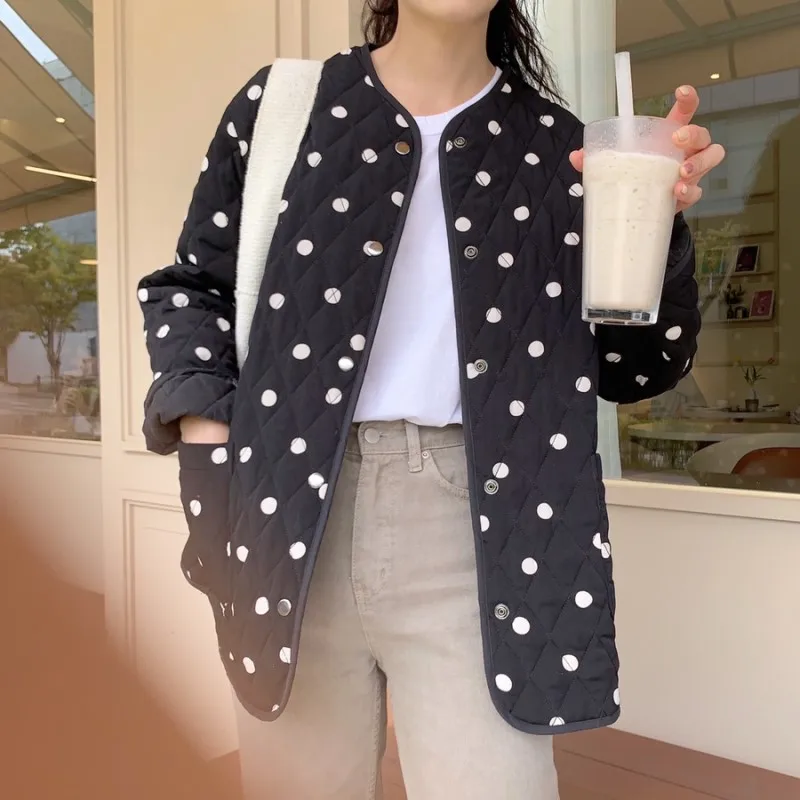 Autumn Winter Polka Dot Women Coat O-Neck Warm Loose Casual Jacket Female Long Sleeve Outwear Elegant Ladies Tops