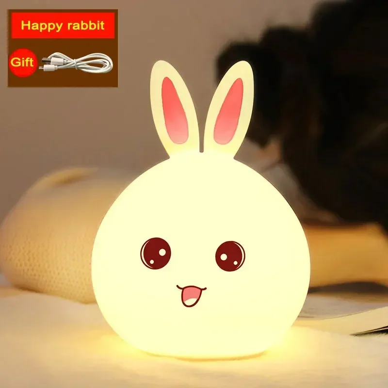 Soft Silicone Night Light Cute Rabbit Lamp Touch Sensor Colorful Bedroom Cartoon Decor Bedside Lamp for Children Kid\'s Gift