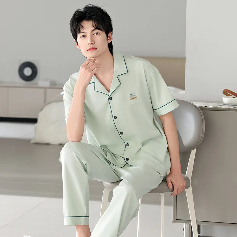 

4XL Plus Size Pure Cotton Pajamas Set Youth Men Summer Short-sleeved Trousers Home Clothes Set Large Size Comfortable Sleepwear