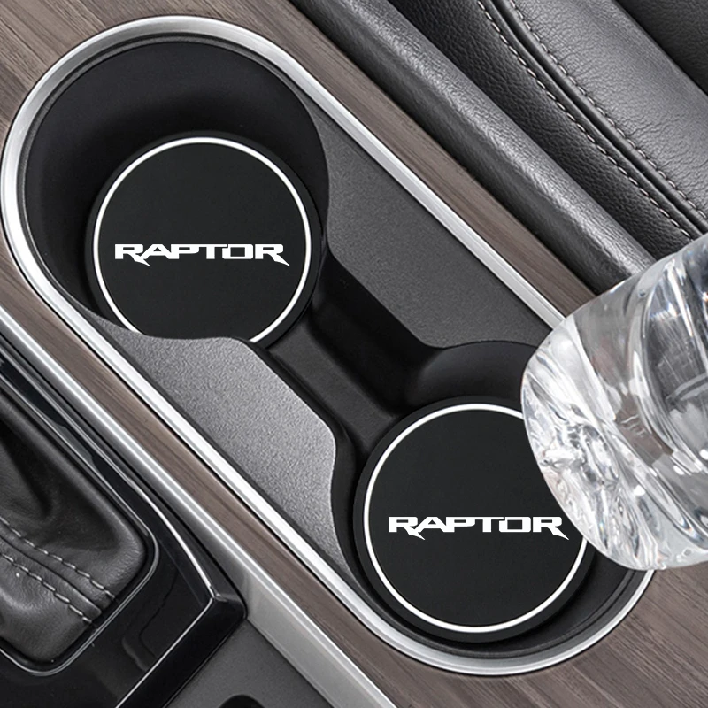 

2pcs/1set Car Coaster Waterproof Non-Slip Rubber Mat Water Cup Slot Decorate Accessories For Ford Ranger Raptor Emblem Pickup