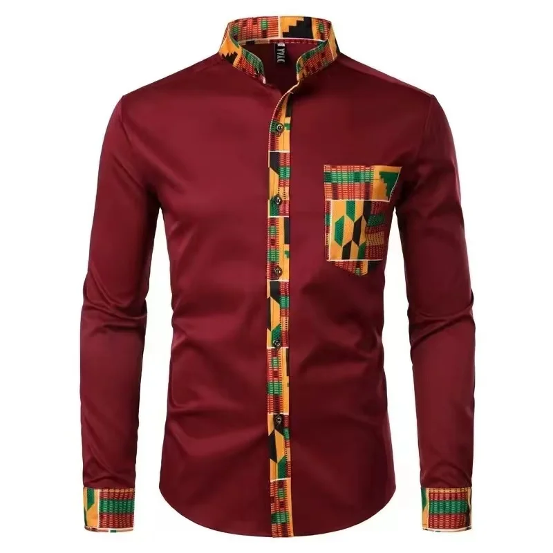 2024 African casual men\'s shirt stand collar digital printing long sleeve floral shirt men\'s cardigan top