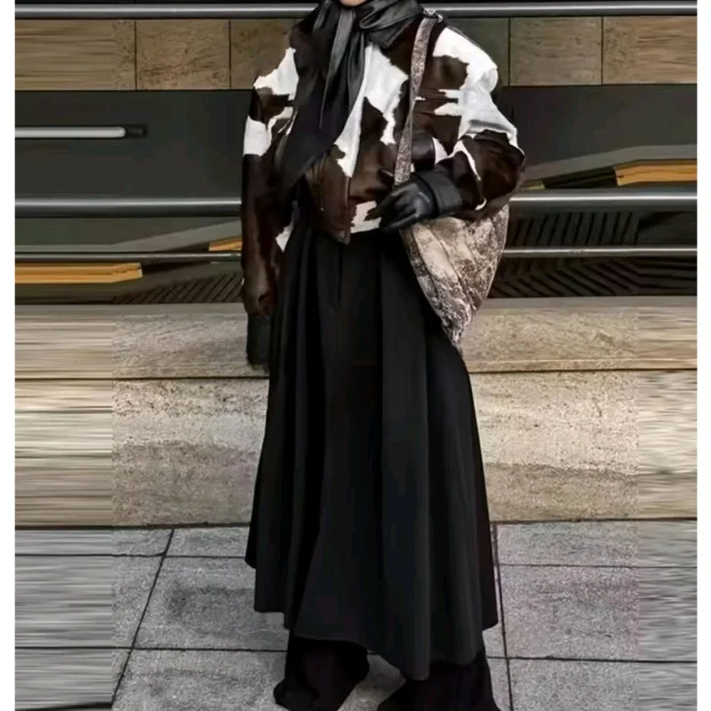 Damska kurtka w stylu retro, długi płaszcz z kołnierzem, nadruk, skóra PU, sztuczna skóra, odzież wierzchnia, nowość na zimę