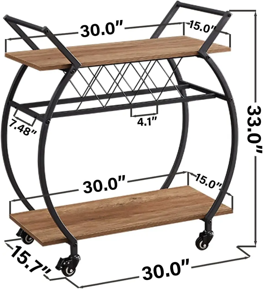 2-Tier Rustic Oak Wine Rack Modern Wood Metal Kitchen Home Utility  Wheels Portable Coffee Table Serving Storage