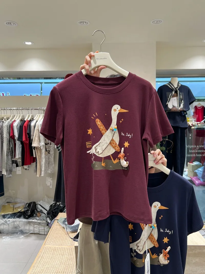 Fun Cute Cartoon Print Beaded Sweet Short Sleeved T-shirt Women's 2025 Autumn Comfortable Versatile Youthful Top Pullover Tees