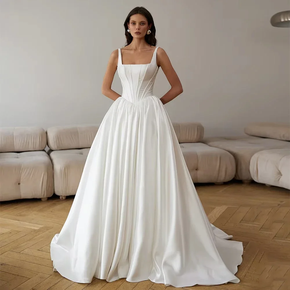 Looking Future Wedding Dresses Satin Bridal Gowns Square Neck Sleeveless Sweep Train Draped Woman Bride Dresses Long Train Dress