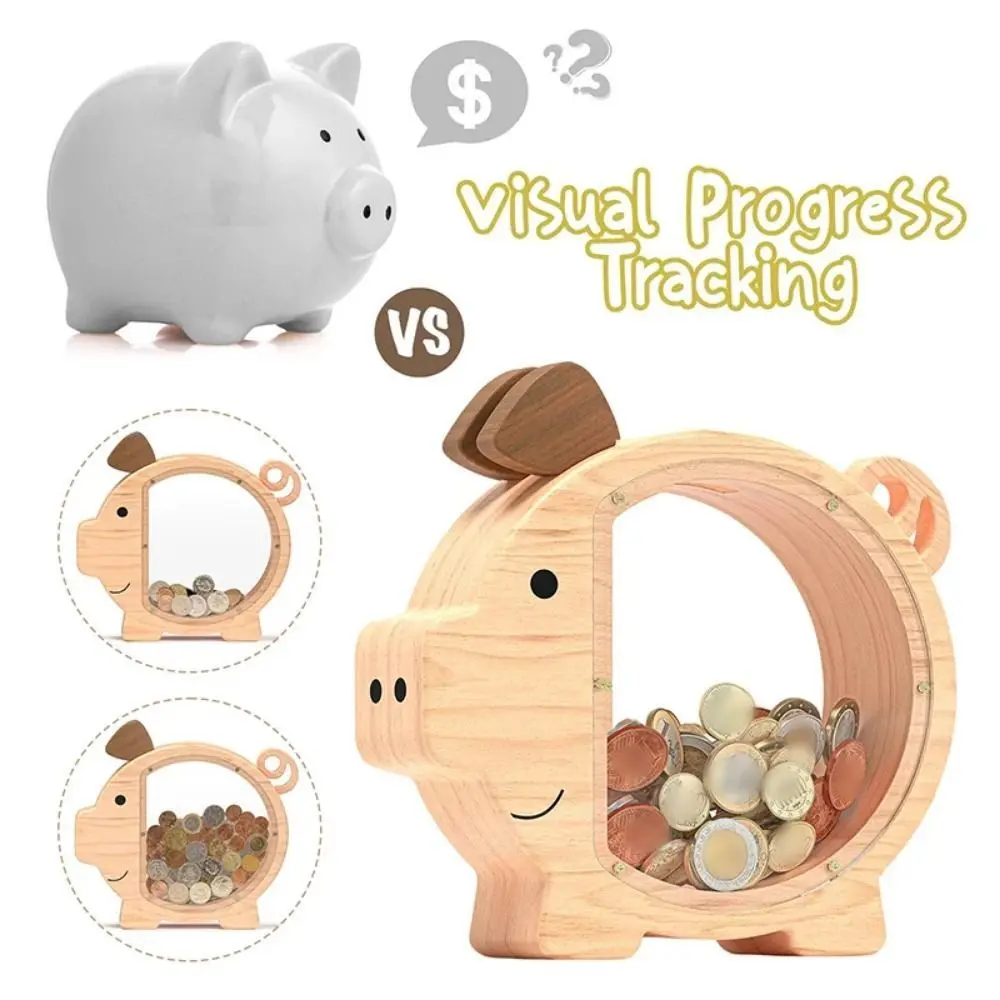 

Unbreakable Wooden Piggy Bank Transparent Cute Pig Shape Clear Change Box Large Capacity Reusable Cash Storage Case