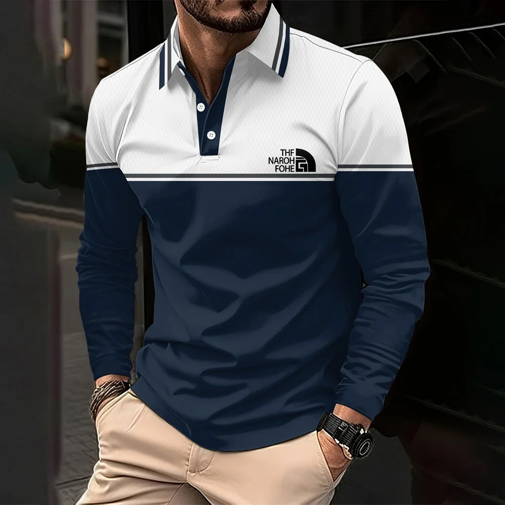 

2026 New Fashion Striped 3D Print Golf Wear Men White Collar Buttons Polo Shirt For Men Office Lapel Long Sleeves Men's Clothing
