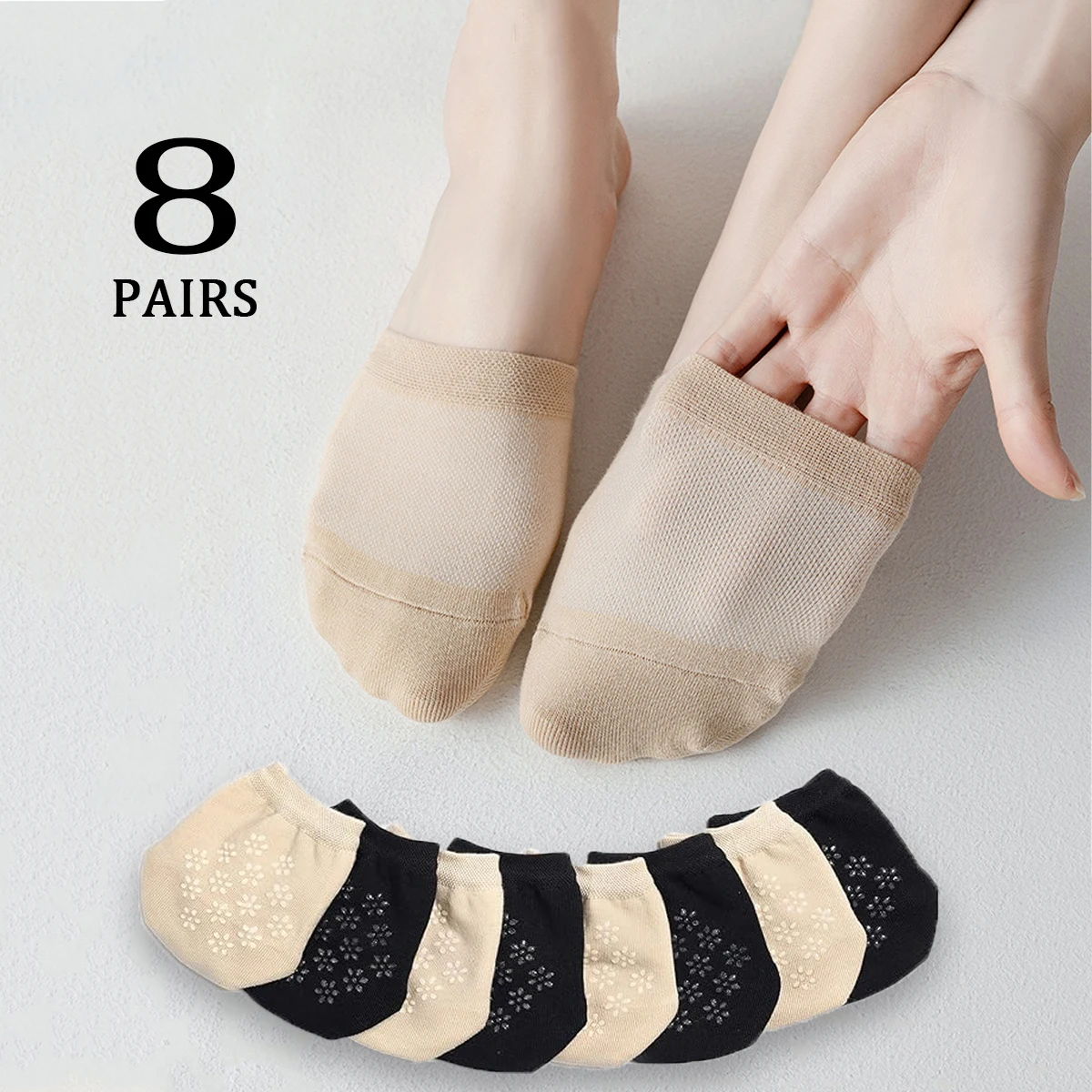 8/16 زوجًا من الجوارب النسائية، أسود وعاري، مريح، مسامي، جوارب رسمية، غير مرئية. #1