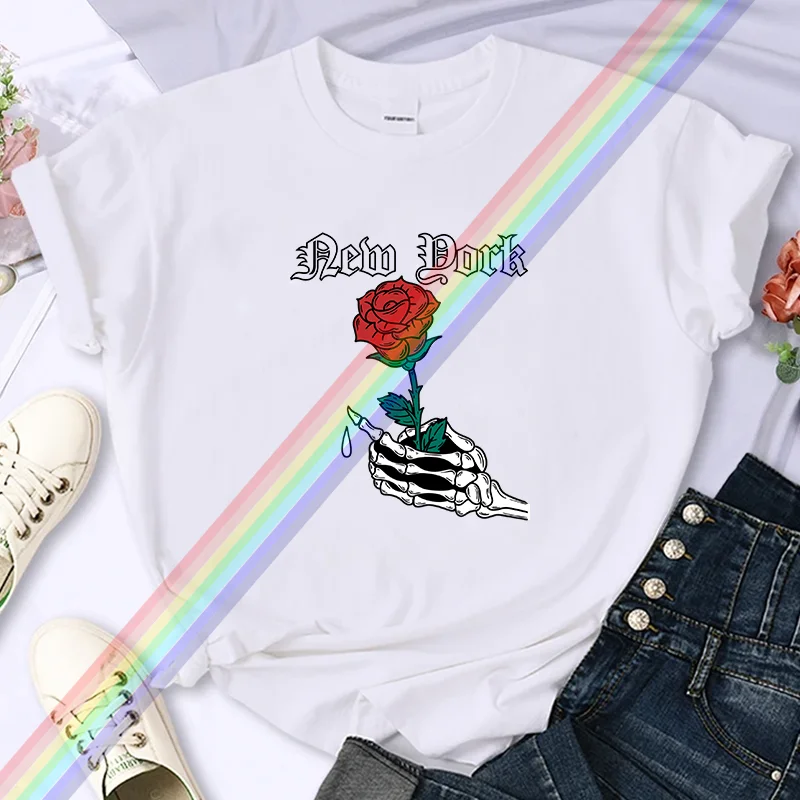 Sexy Beautiful For Women's High-Quality Summer Rose Printing T-shirt 100% Cotton Casual Oversized Y2k Personality Sleeve O-neck