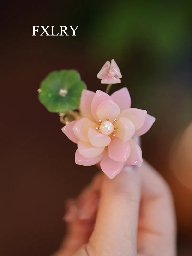 

FXLRY Original Design Handmade Vintage Mori Lotus Leaf Pearl Hairpin Accessories