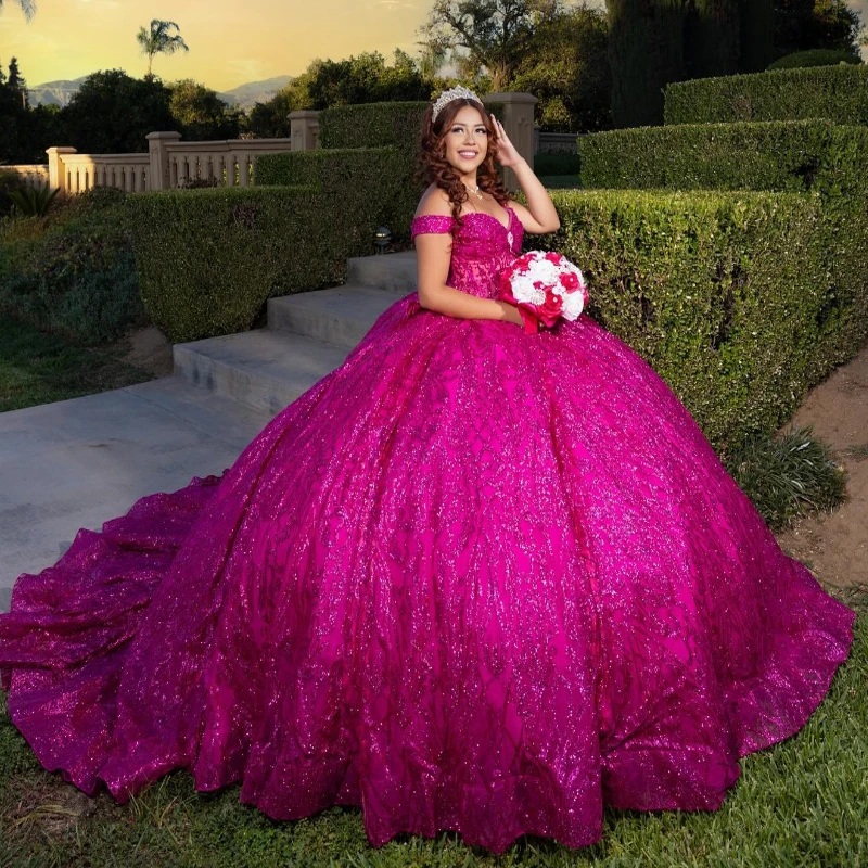 Glitter Rose Red Quinceanera Dresses Ball Gown Off The Shoulder Sequin Lace Applique Beaded Bow Tull Mexican Sweet 16 Vestidos