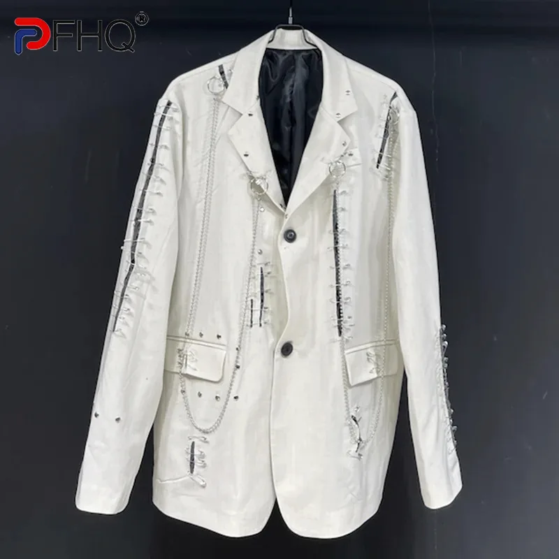 

PFHQ Men's Pin Patch Rivet Metal Blazers Solid Color Thickened Single Breasted Temperament Spring Pockets Suit Jackets 21Z4260