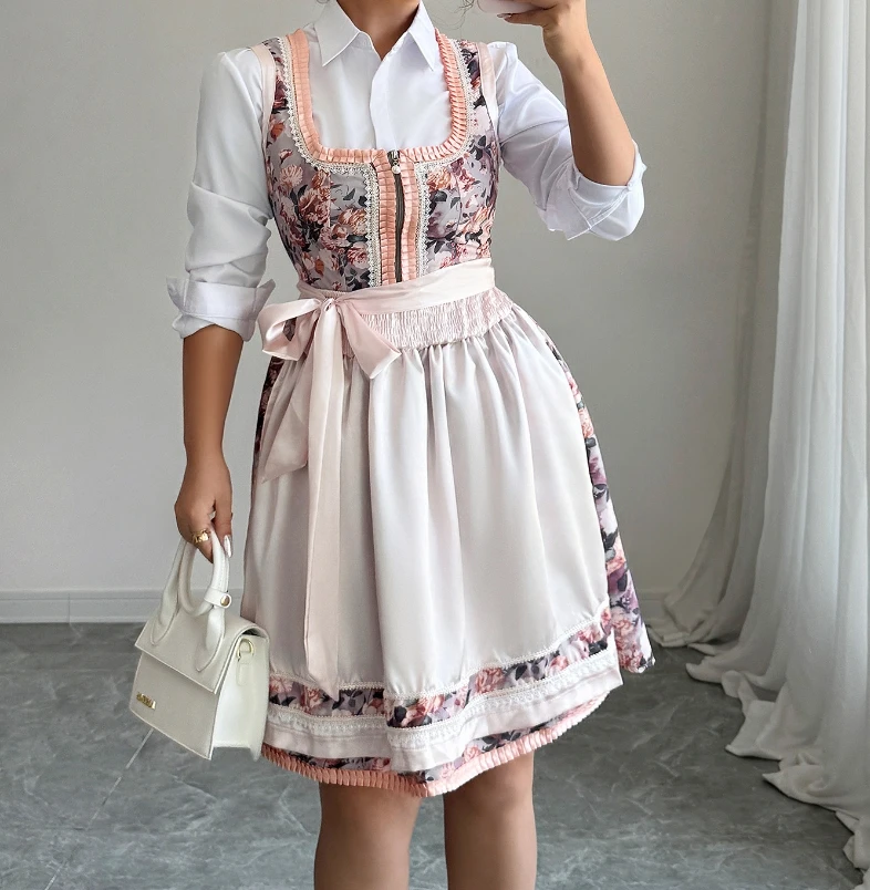 

Simple and stylish printed women's long skirt with square neckline and floral print, front zipper tie, sleeveless A-line dress