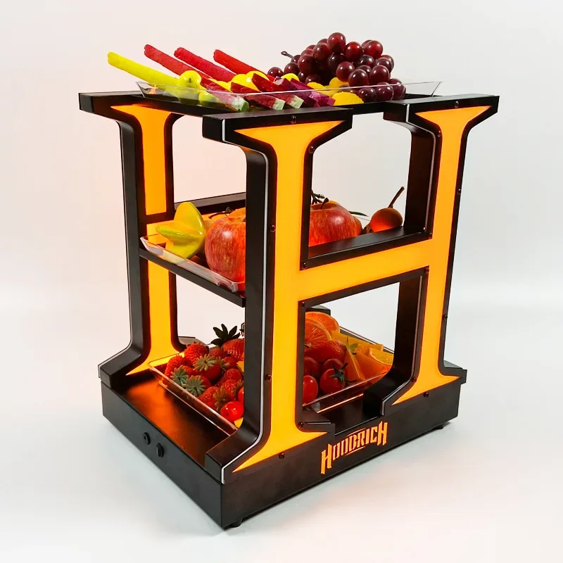 LED yellow fruit plate three-layer fruit rack luminous wine rack bar KTV snack plate H fruit plate wrought iron acrylic