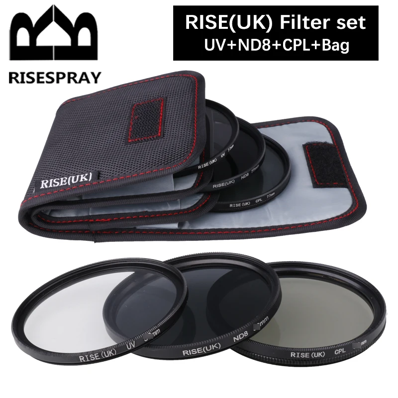 RISE(UK) 37/39/40.5/43/46/49/52/55/58/62/67/72/77/82MM 3 in 1 Lens Filter Set with Bag UV+CPL+FLD or ND8 for ALL Camera Lens