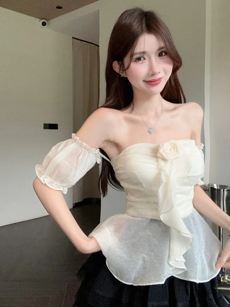 

Sexy Strapless Chiffon Top Women's Summer Thin Lace Trim One Shoulder Beautiful Shirt Korean Style Commute Pure E-commerce