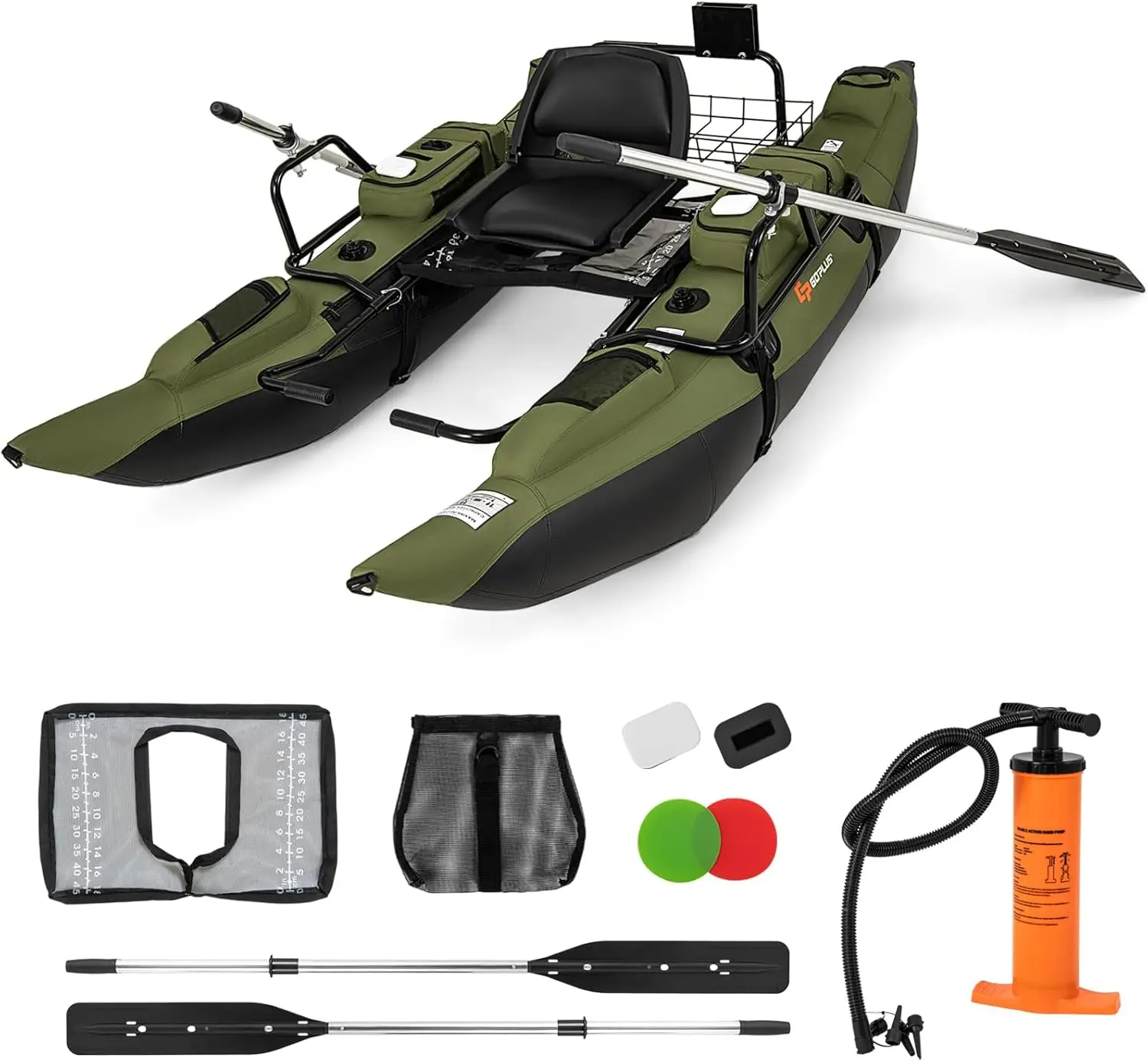 Adult Inflatable Belly Boat with Foldable Padded Seat, Adjustable Footrest, Pump, Paddles, Fish Ruler, Storage Basket, and Pockets – 400 lbs Load Capacity for Fishing and Angling