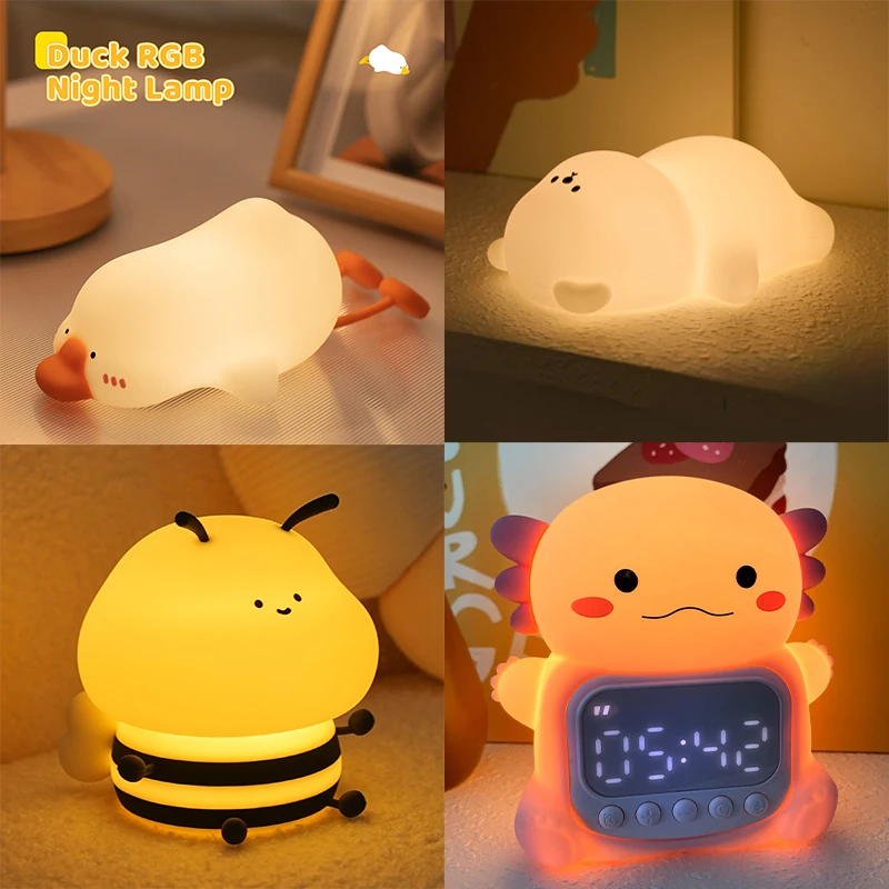 LED Colorful Night Light with Alarm Clock Indoor Lighting Cute Silicone USB Desk Lamp Creative Bedside Decoration Christmas Gift