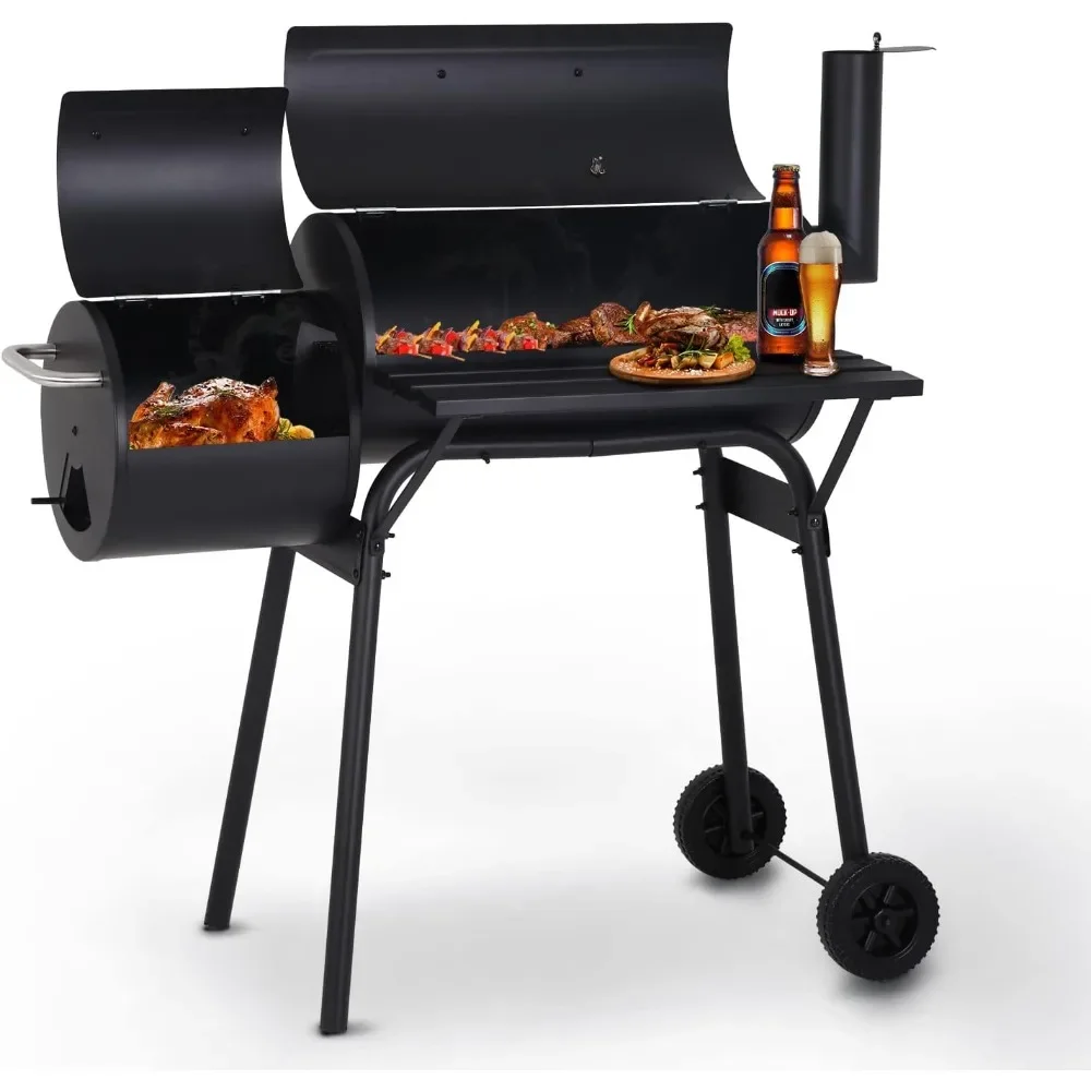 

Charcoal Grills Outdoor BBQ Grill Offset Smoker with Wheels Side Fire Box Portable Barbecure Grill for Outdoor Cooking Backyard