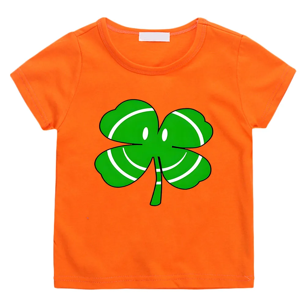 St Patricks Day Four-leaf Clover T-shirt Boys and Girls Kawaii Cartoon Tee-shirt 100% Cotton Tees Comfortable Casual Tshirts