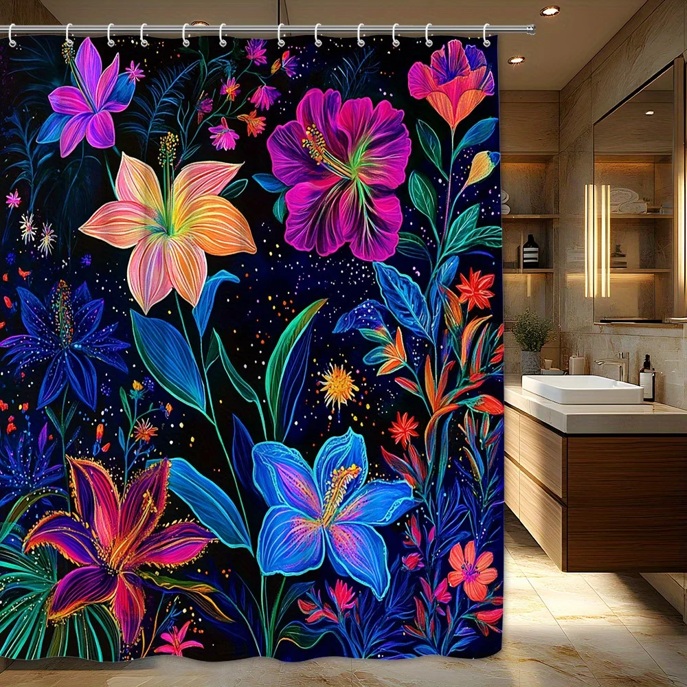 Neon Tropical Flower Shower Curtain, Vibrant Botanical Waterproof Bath Curtain, Dark Floral Bathroom Decor Art