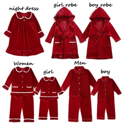 Conjunto de pijama de veludo vermelho familiar, pijama natalino, mãe e filhos, plissado, bebê, meninos e meninas, conjuntos de irmãos, venda quente