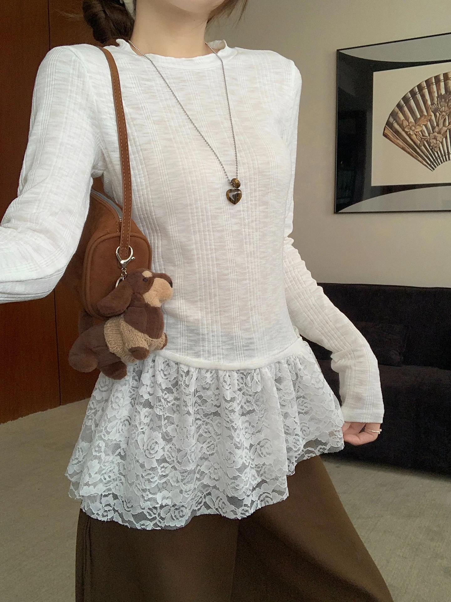 Korean Style Long Sleeve T-Shirt Women's Autumn Winter Slim Fit Knitted Base Layer Shirt Micro Transparent Top round Neck Pur...