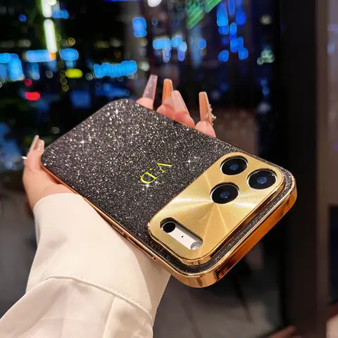 Funda de teléfono con purpurina brillante con nombre personalizado para iPhone 13, 14, 15, 16, 17 Pro Max 17 Air 3D, estampado en caliente dorado, cubierta chapada de lujo