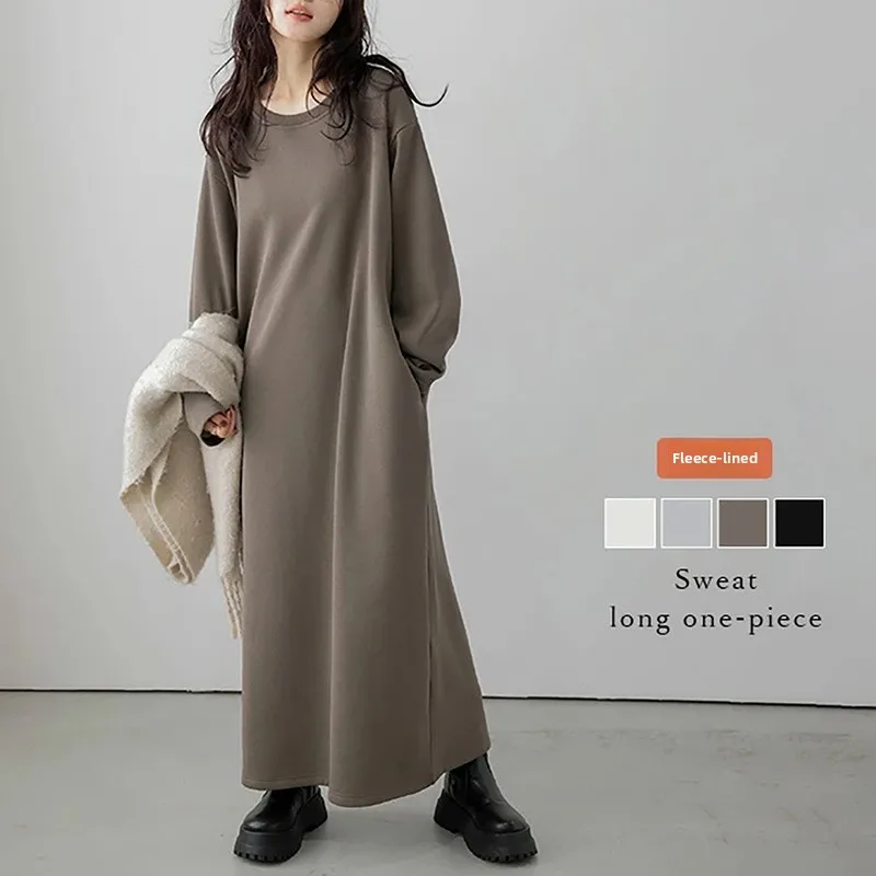 Loose Long Fleece Women's Sweatshirt Dress round Neck Casual Versatile Long Skirt Comfortable Korean Style A-Line Midi Dress