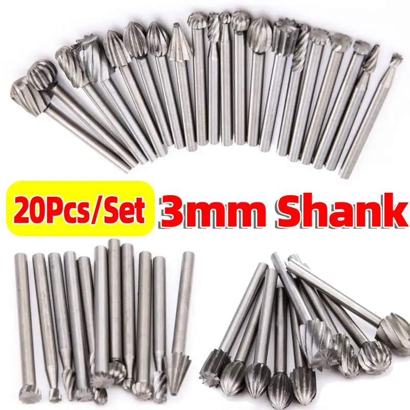 20pcs/Set 3mm Shank HSS Routing Wood Rotary Milling Rotary File Cutter Wood Drill Bit Nozzles Woodworking Wood Carving Tools