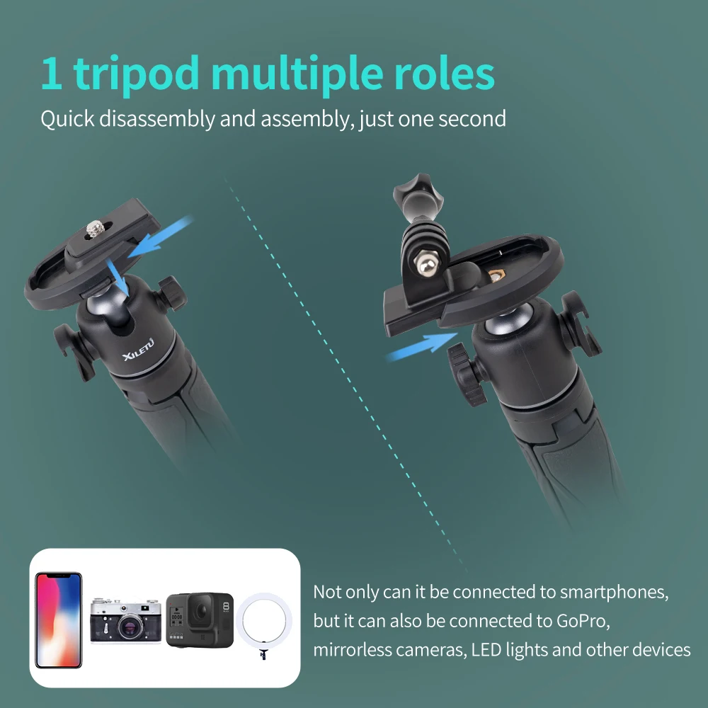 XILETU-حامل ثلاثي محمولة للتصوير الفوتوغرافي ، الإفراج السريع ، لايف فلوغ ، عصا سيلفي ، توسيع الأحذية الباردة ، حامل هاتف محمول سطح المكتب