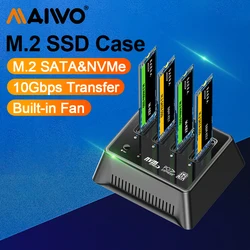 MAIWO 외장 NGFF NVME 케이스 하드 드라이브 디스크 복사 스토리지 박스, 선풍기 포함, 4 베이 M.2 NVMe SATA SSD 인클로저, 10Gbps USB 3.2 C 타입