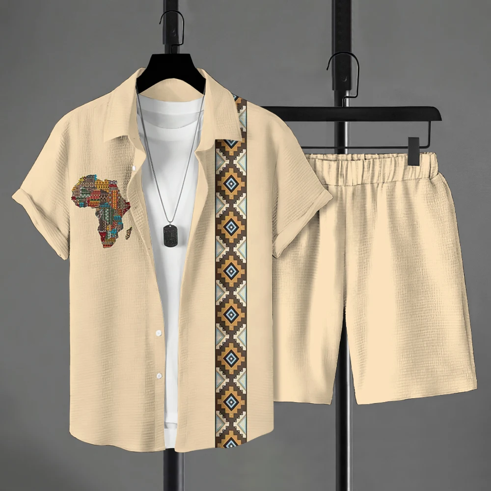 

Vintage Men's Shirt Two Piece Set Summer Fashion Short Sleeve Shirt Vacation Beach Pants Harajuku Style Classic Stripe Printing