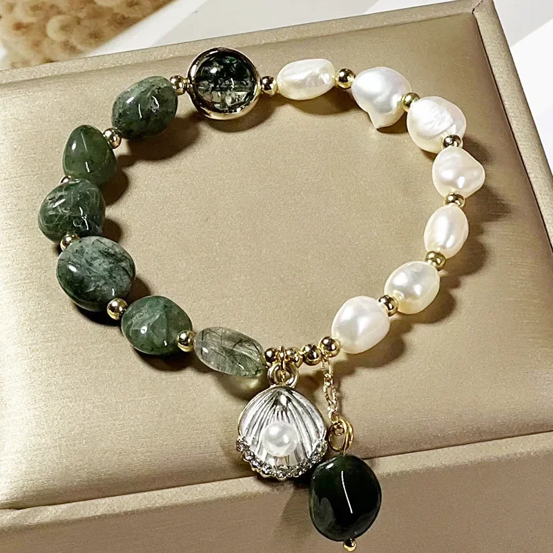 Natural Pearl Bracelet Green Crystal Original Design Women's Korean  Bangles Student Friend Birthday Jewelry Handpiece