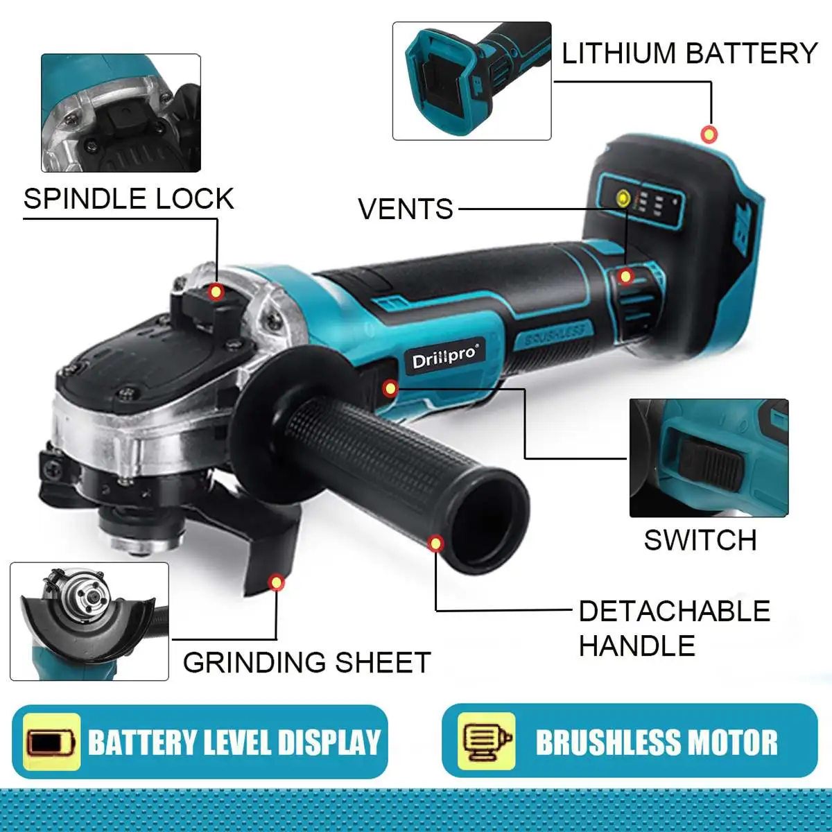 Drillpro-amoladora angular de impacto sin escobillas, 18V, 125/100mm, máquina de corte inalámbrica, pulidora, herramientas eléctricas para batería