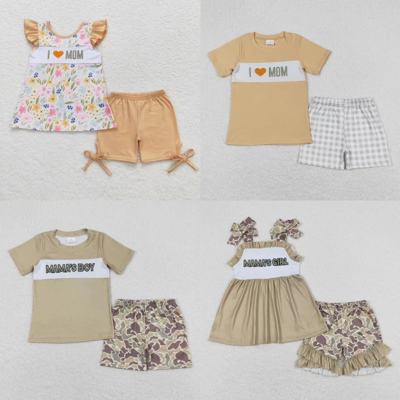 

Wholesale Kids Mama's Boy Girl Tops Shorts Outfit Children Embroidery I Love Mom Summer Camo Floral Set