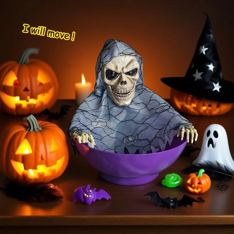Halloween Electric Fruit Plate Swing Head Sensor Sound Prop Retractable Ghost Table Haunted House Party Decoration