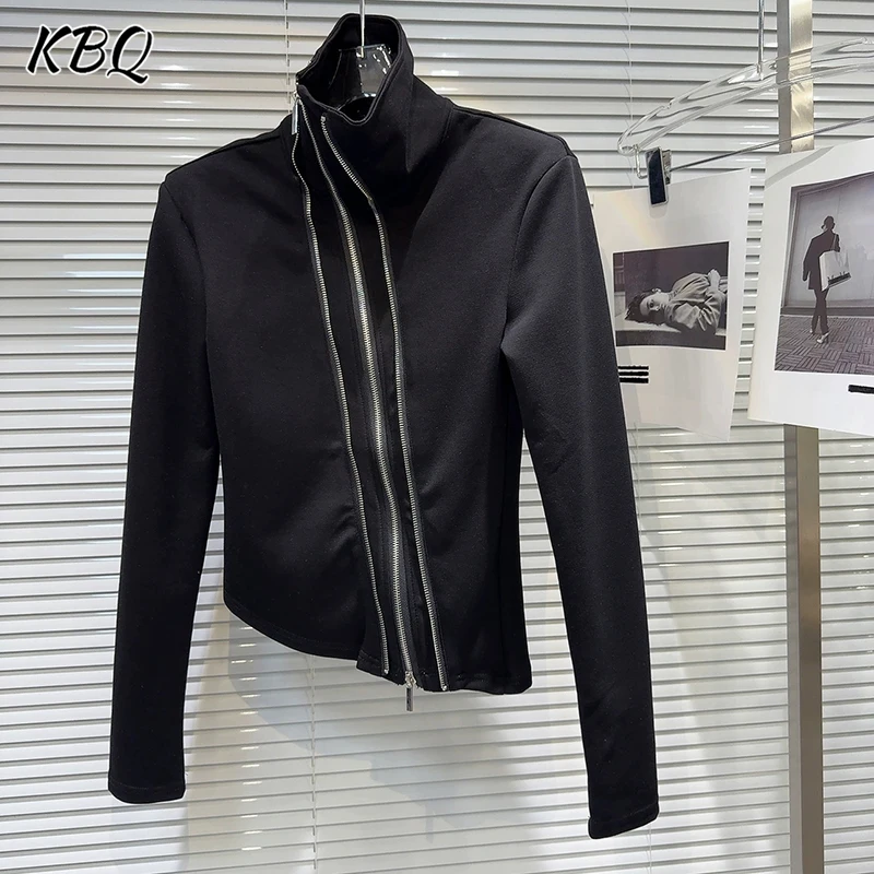

KBQ Temperament Slim Fit Solid T Shirts For Women Turtleneck Long Sleeve Spliced Zipper Spring Casual T Shirt Female Fashion New